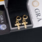 Yellow gold iced out ankh cross snake dangle huggie hoop moissanite earrings in jewelry box with GRA certificate