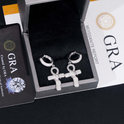 Silver iced out ankh cross snake dangle huggie hoop moissanite earrings in jewelry box with GRA certificate