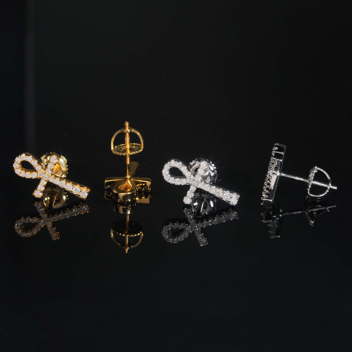 Gold and silver iced out ankh key of life cross moissanite stud earrings showing posts and screw backs