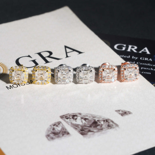 Iced out asscher cut halo solitaire moissanite stud earrings in gold, silver, and rose gold on GRA certificate