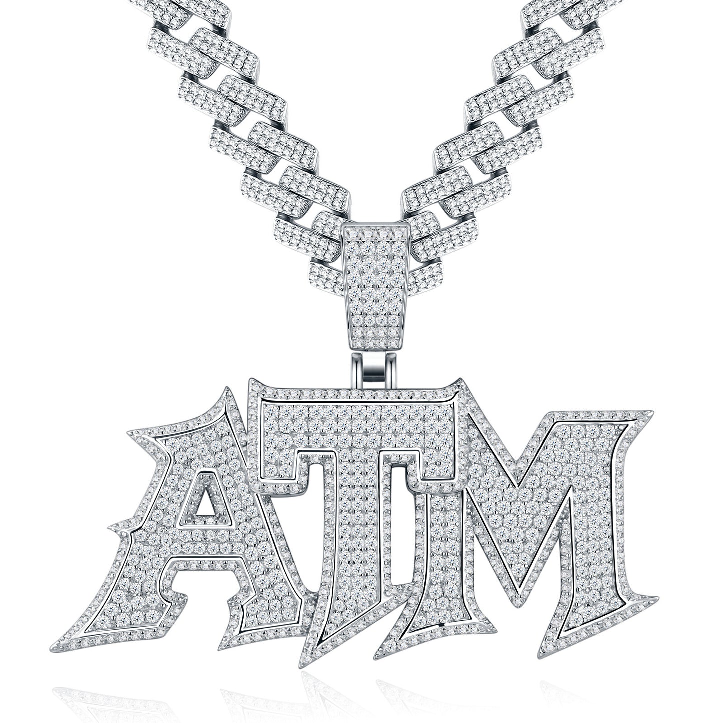 Studio display of iced out ATM addicted to money moissanite pendant in 925 sterling silver with fully paved Cuban chain bail.