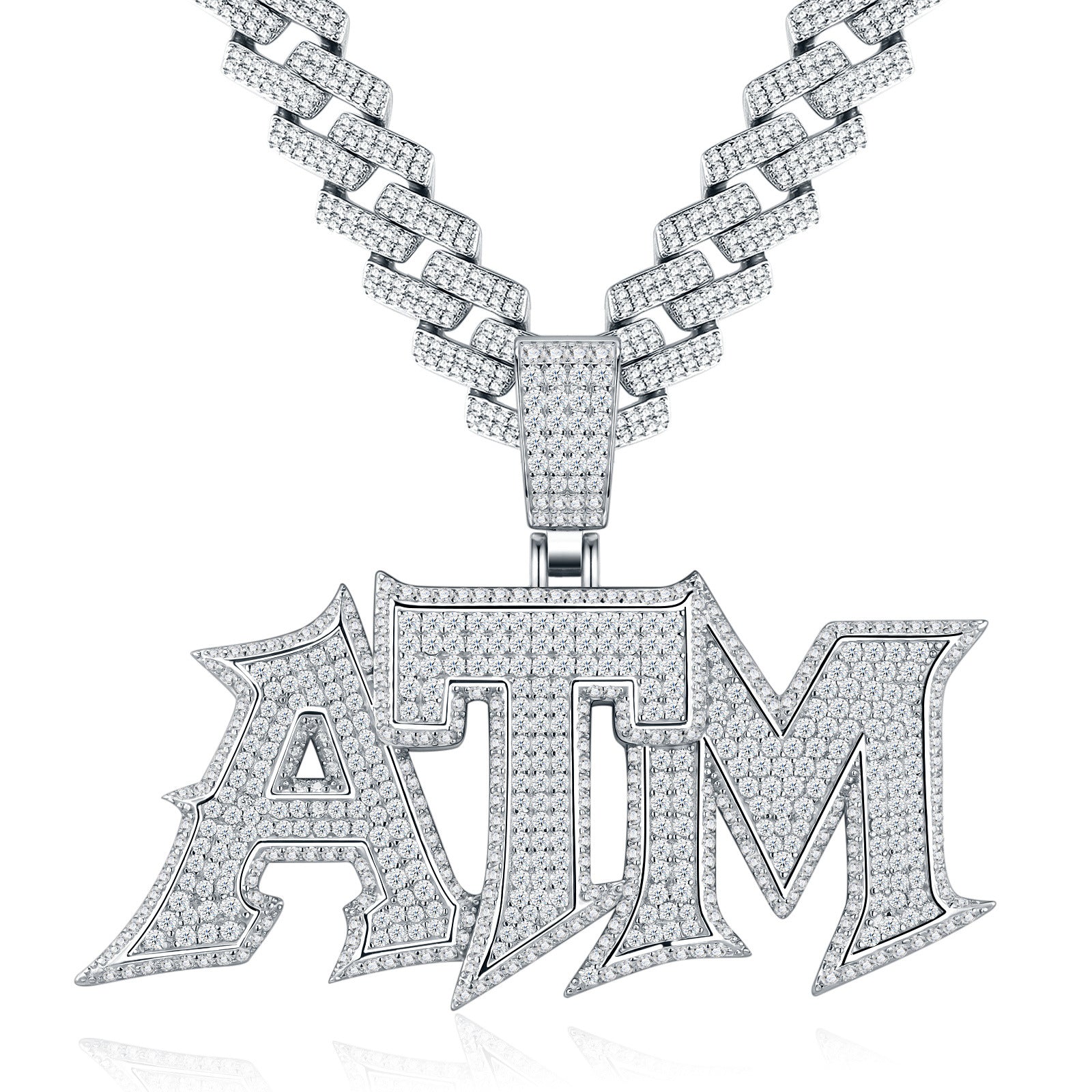 Studio display of iced out ATM addicted to money moissanite pendant in 925 sterling silver with fully paved Cuban chain bail.