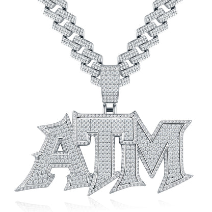 Studio display of iced out ATM addicted to money moissanite pendant in 925 sterling silver with fully paved Cuban chain bail.