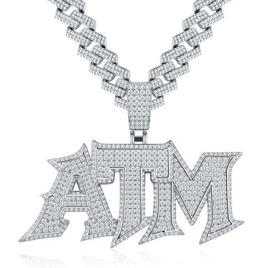 Studio display of iced out ATM addicted to money moissanite pendant in 925 sterling silver with fully paved Cuban chain bail.
