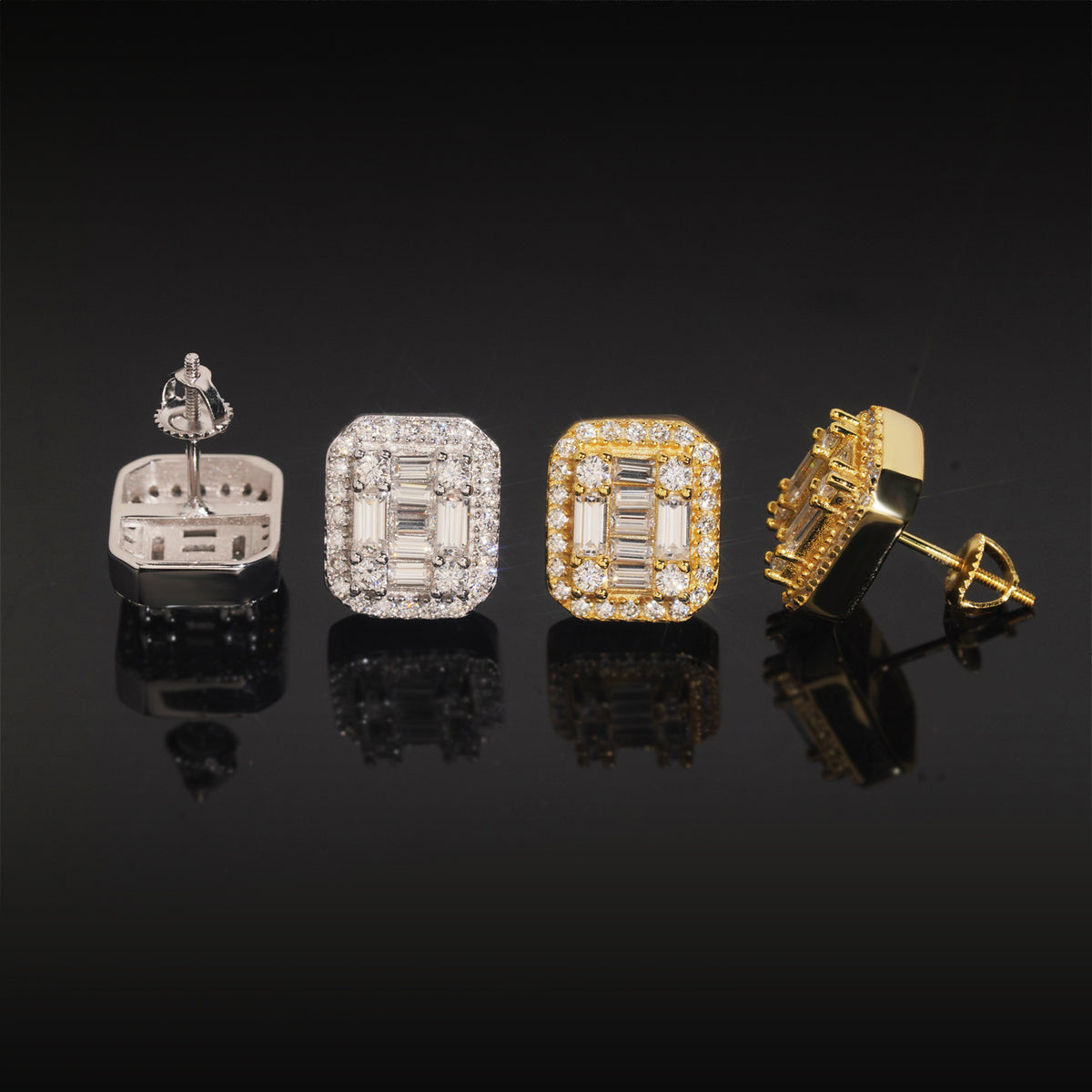 Silver and gold iced out baguette cut halo moissanite stud earrings showing posts and screw backs