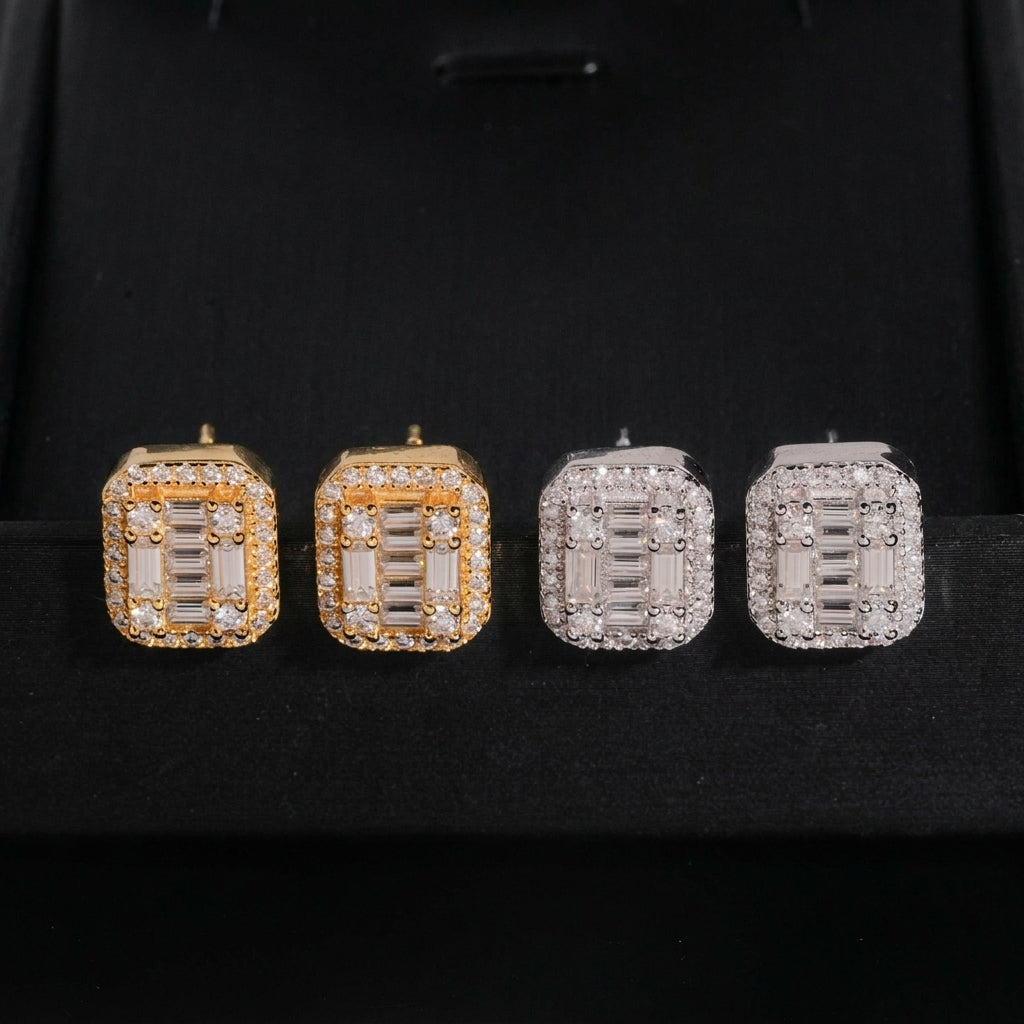 Iced out baguette cut halo moissanite stud earrings in yellow gold and silver on black display box