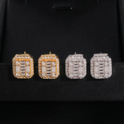 Iced out baguette cut halo moissanite stud earrings in yellow gold and silver on black display box