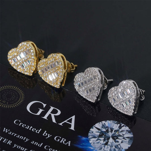 Iced out baguette and round heart moissanite stud earrings in gold and silver on GRA card