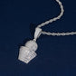 Angled view of iced out basketball and hoop moissanite baguette pendant with silver chain
