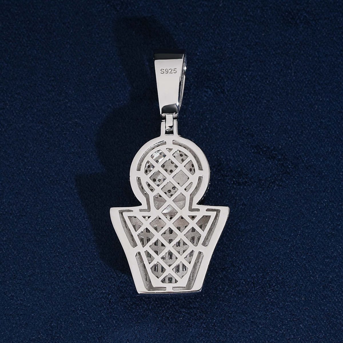 Back view showing lattice hollow inner band and back structure of iced out basketball hoop pendant
