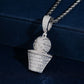 Front view showing pave moissanite basketball and net detail on iced out pendant
