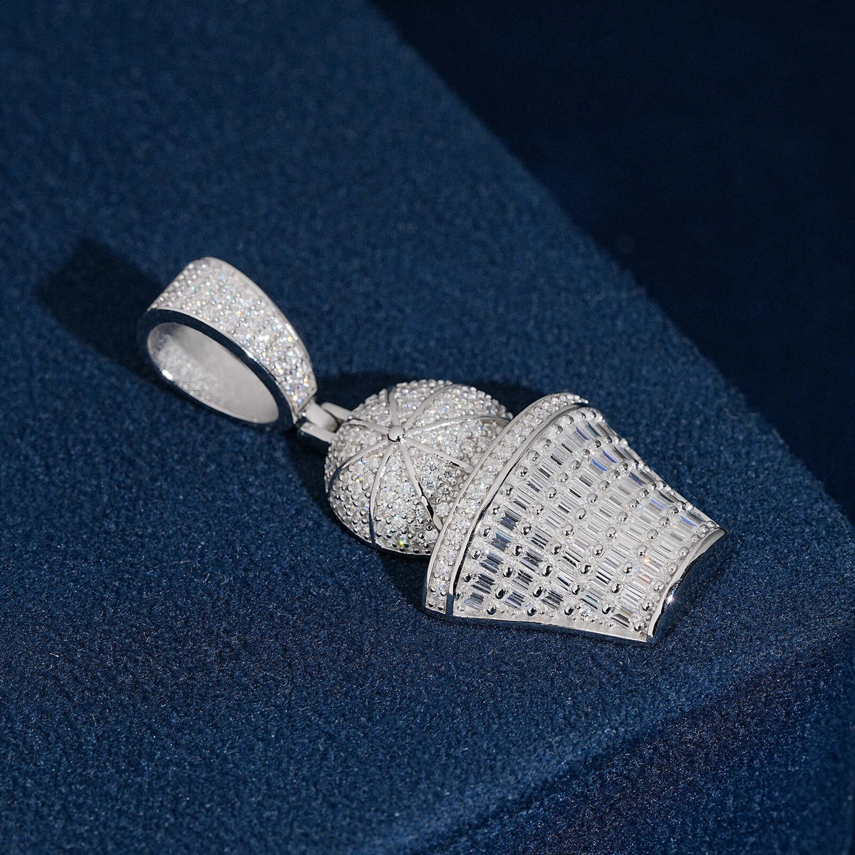 Side perspective view showing 3D basketball and iced out net structure of moissanite pendant