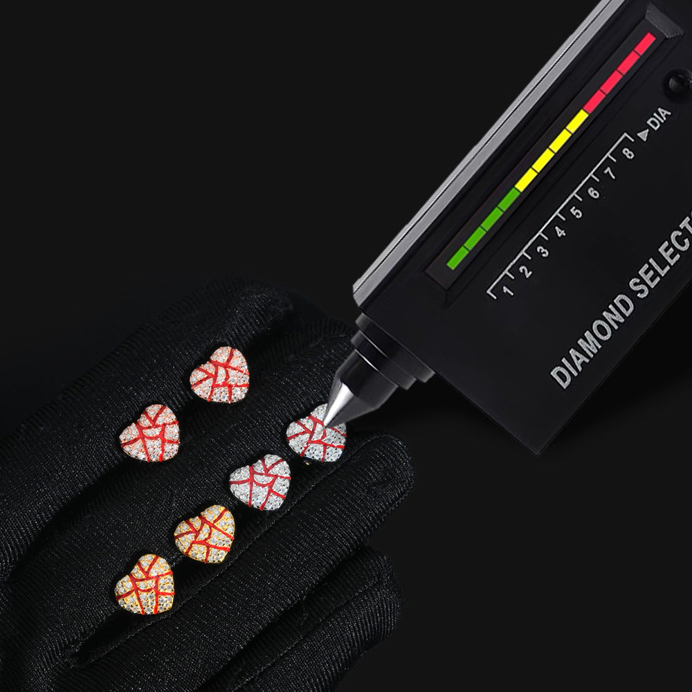 Gold and silver iced out broken heart red enamel moissanite stud earrings showing posts and screw backs