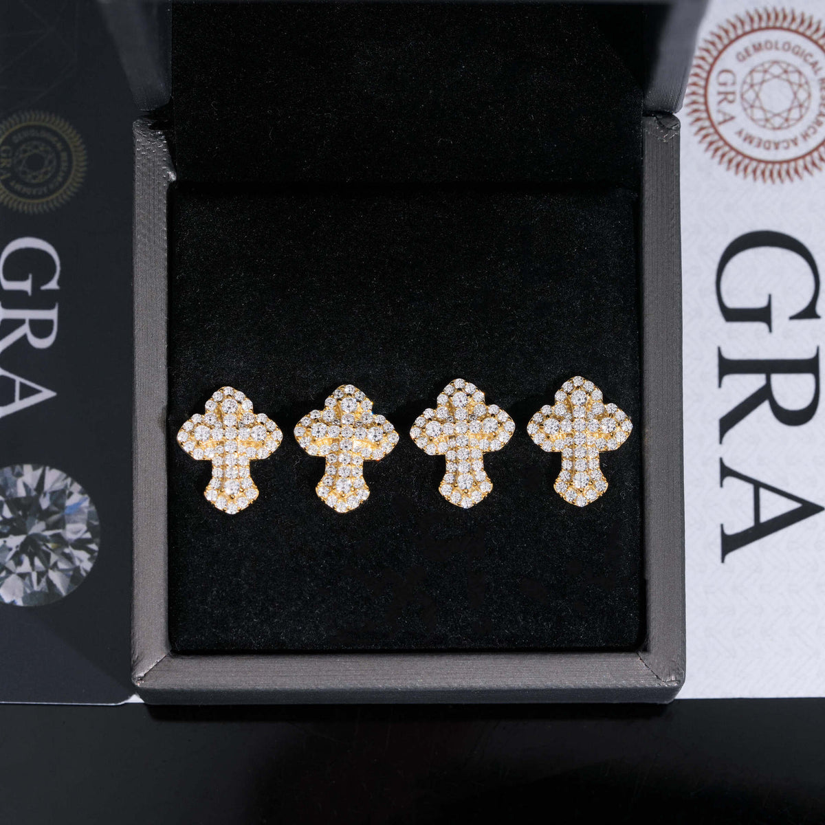 Yellow gold iced out clover floral micro-pave moissanite stud earrings in velvet box with GRA certificate