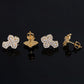 Yellow gold iced out clover floral micro-pave moissanite stud earrings showing posts and screw backs