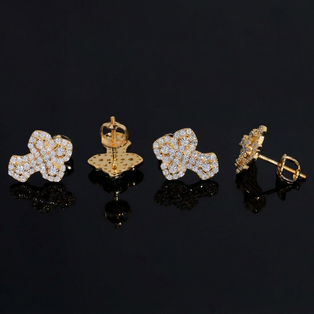 Yellow gold iced out clover floral micro-pave moissanite stud earrings showing posts and screw backs