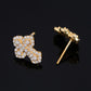 Side profile view of iced out clover floral micro-pave moissanite stud earrings showing threaded post and back