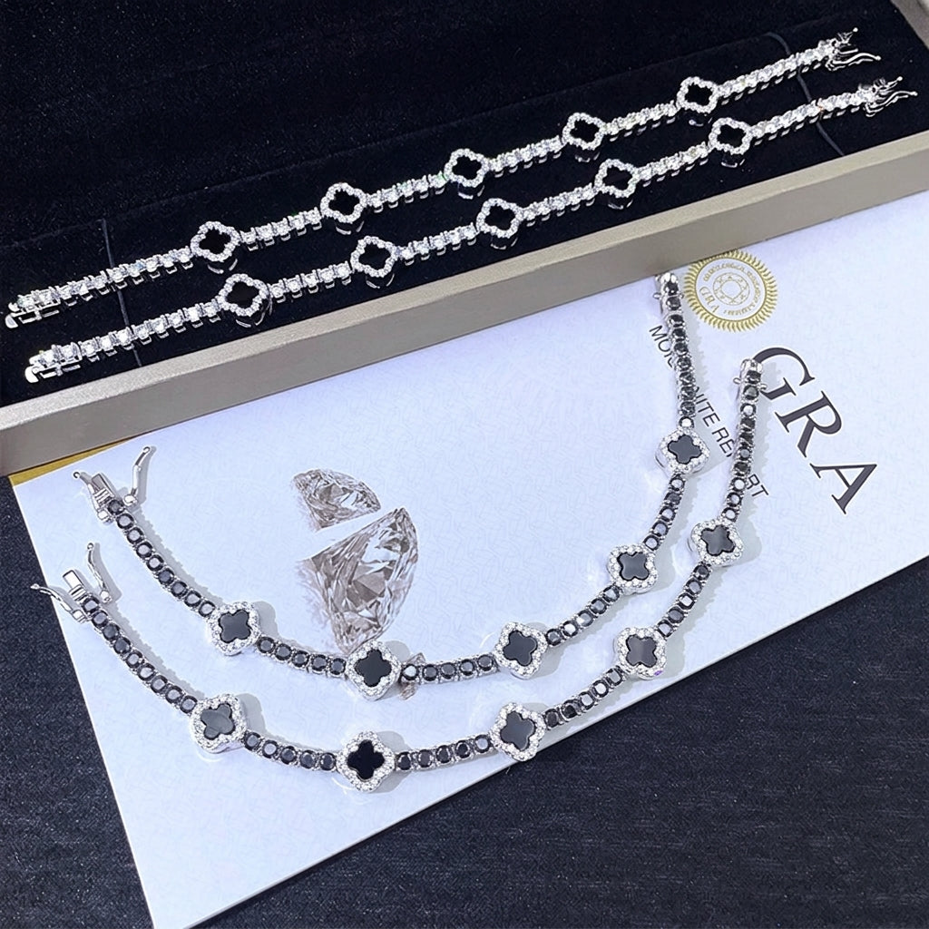 Iced out black enamel and white clover tennis chain moissanite bracelet and necklace set with GRA certificate