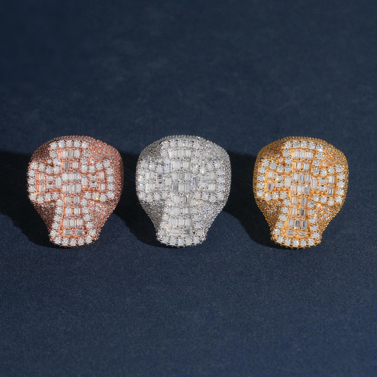 Iced out cross moissanite baguette statement rings in rose gold white gold and yellow gold options