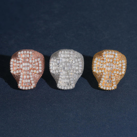Iced out cross moissanite baguette statement rings in rose gold white gold and yellow gold options