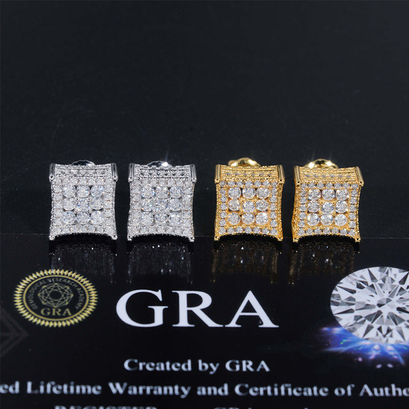 Silver and gold iced out curved kite cluster moissanite stud earrings with GRA report card
