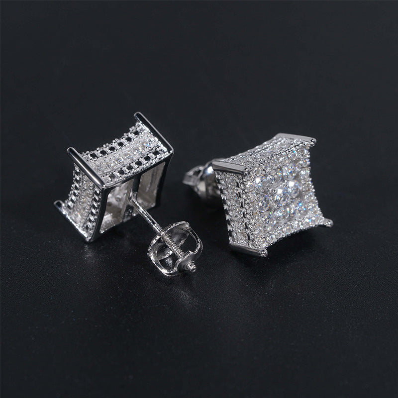 Silver iced out curved kite cluster moissanite stud earrings showing screw back post mechanism