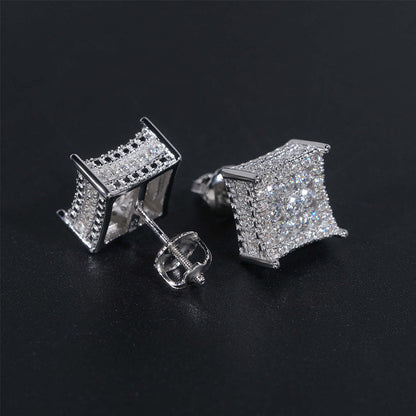 Silver iced out curved kite cluster moissanite stud earrings showing screw back post mechanism