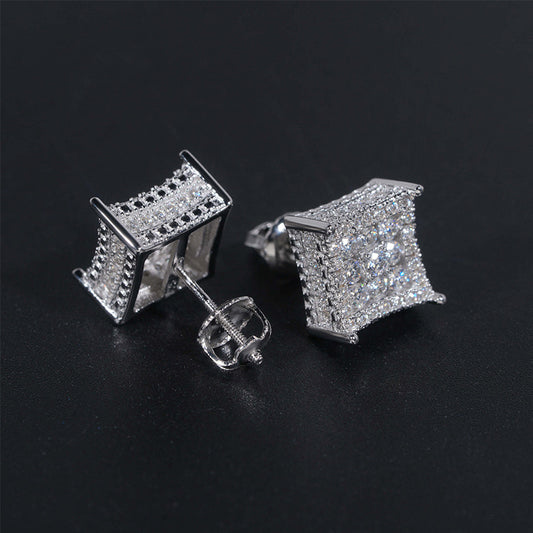 Silver iced out curved kite cluster moissanite stud earrings showing screw back post mechanism
