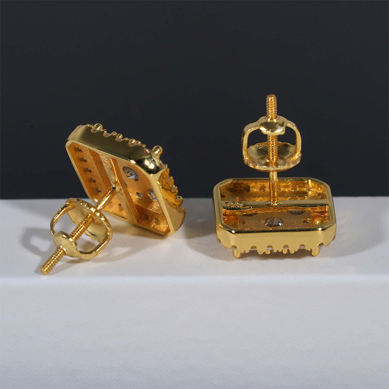 Yellow gold iced out cushion square cluster moissanite stud earrings showing screw back post mechanism