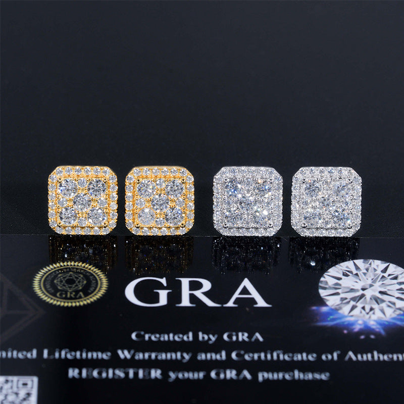 Gold and silver iced out cushion square cluster moissanite stud earrings with official GRA card
