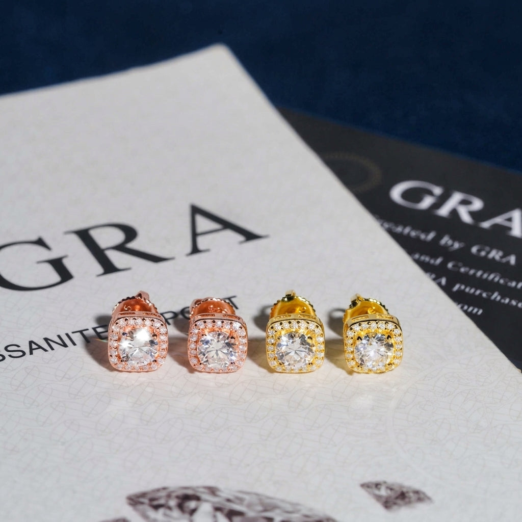 Iced out cushion square halo solitaire moissanite stud earrings in rose gold and yellow gold on GRA certificate