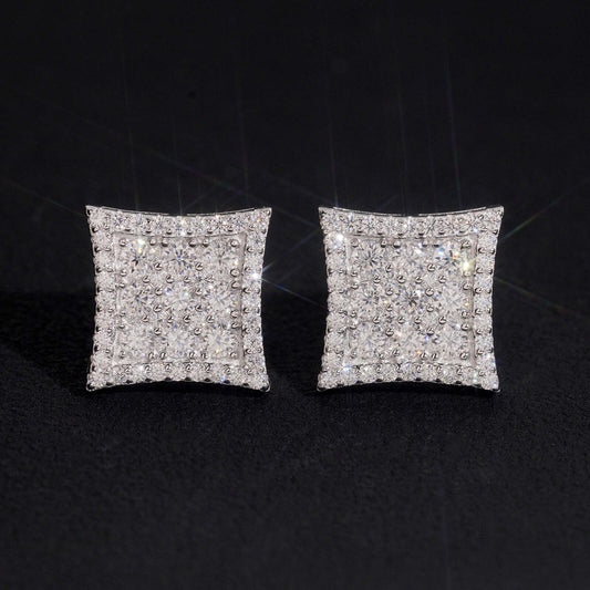 Iced out double halo cushion square moissanite stud earrings sparkling on dark background