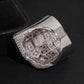 Back view showing solid inner band structure of iced out double letter RR moissanite ring
