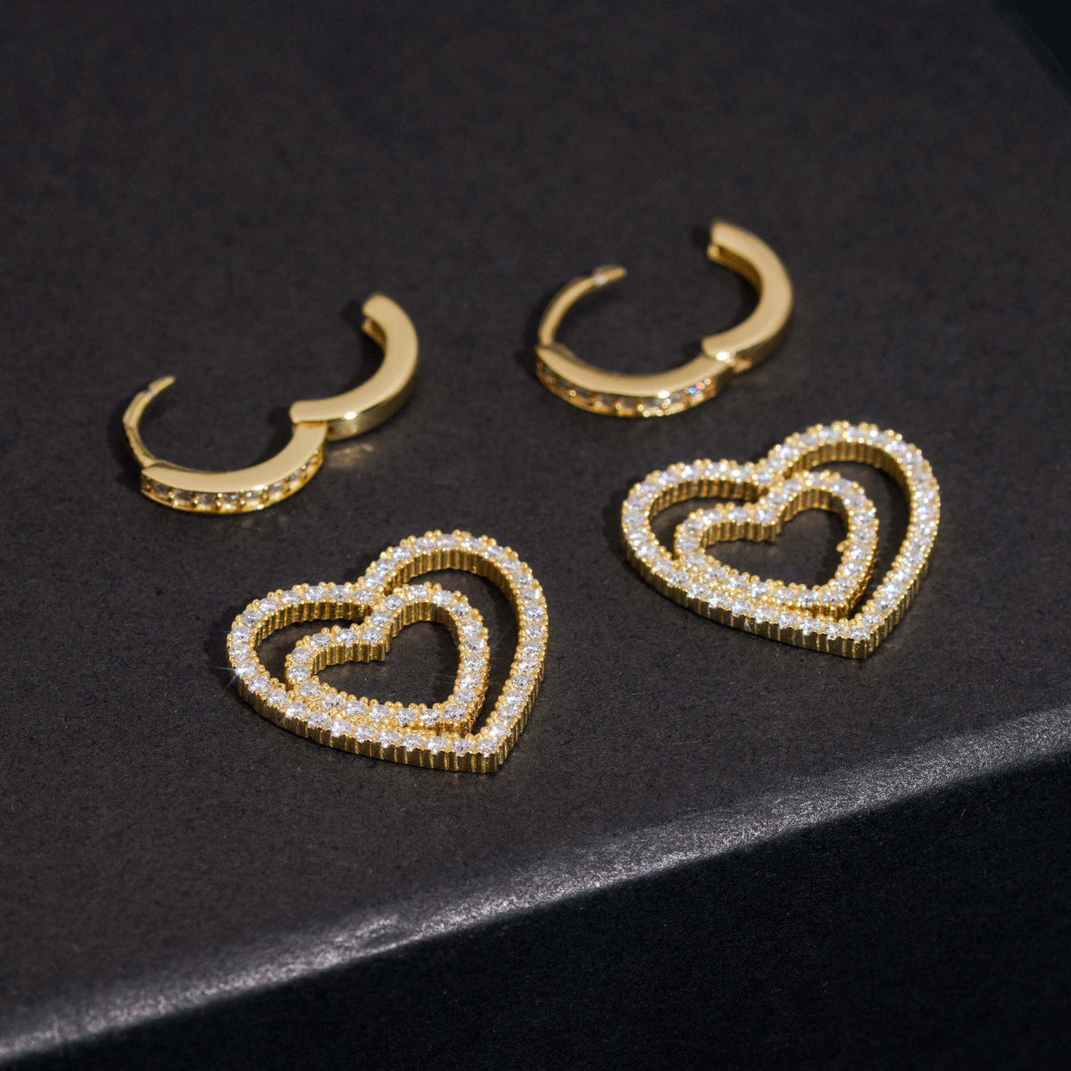 Yellow gold iced out huggie hoop moissanite earrings with detachable double open heart charms