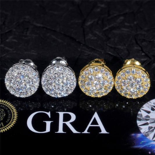 Iced out gold and silver double halo cluster moissanite stud earrings displayed on GRA card