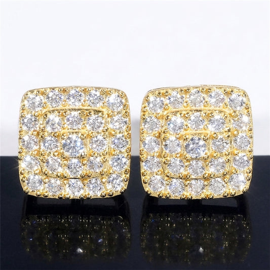 Iced out gold double square halo cluster moissanite stud earrings on dark reflective background