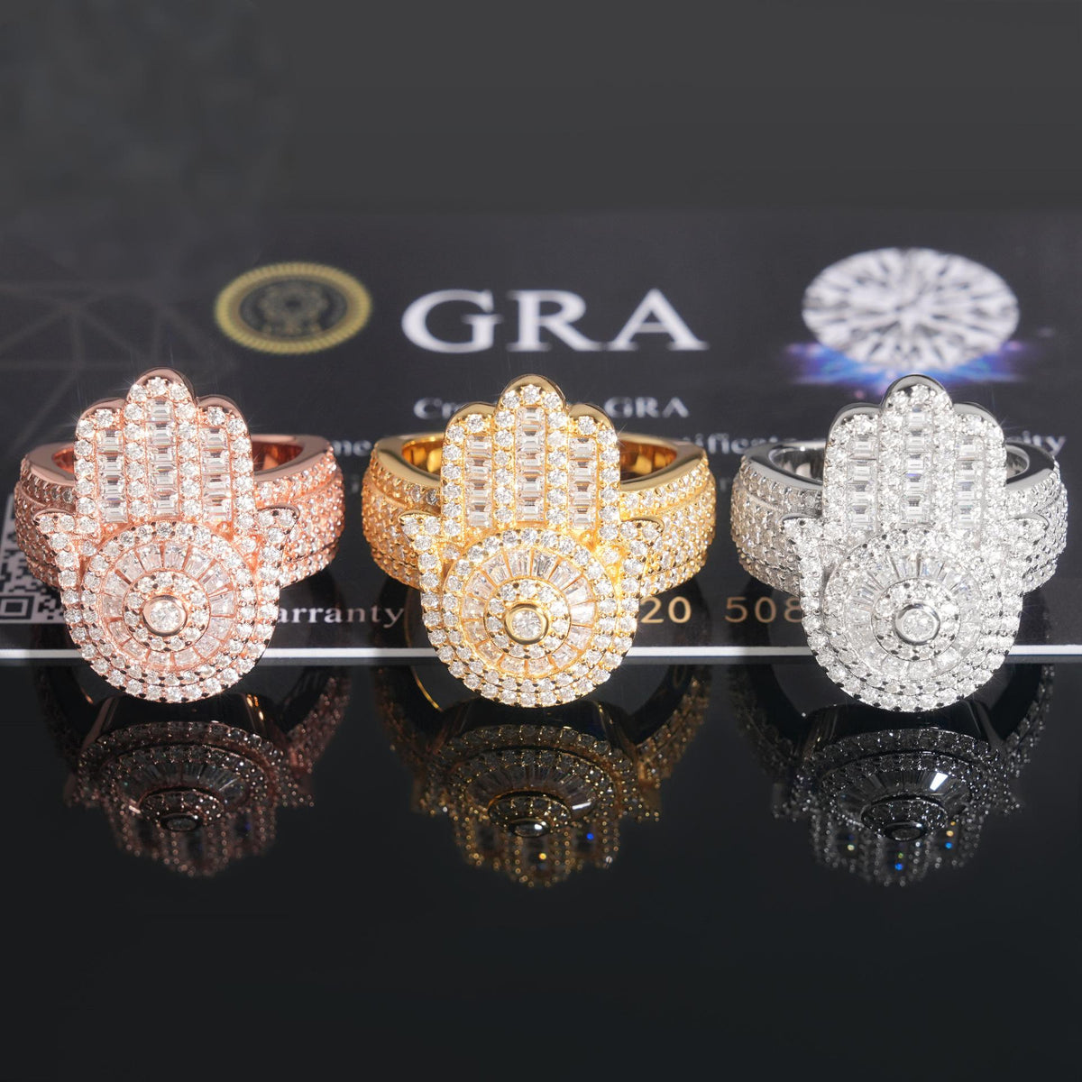 Iced out hamsa hand moissanite baguette statement rings in rose gold yellow gold and silver with GRA card