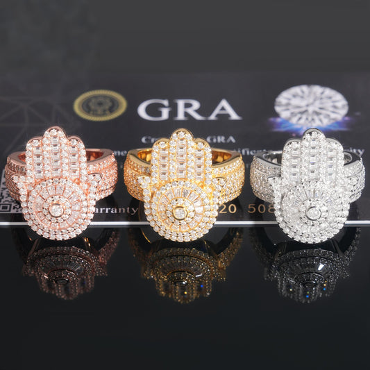Iced out hamsa hand moissanite baguette statement rings in rose gold yellow gold and silver with GRA card