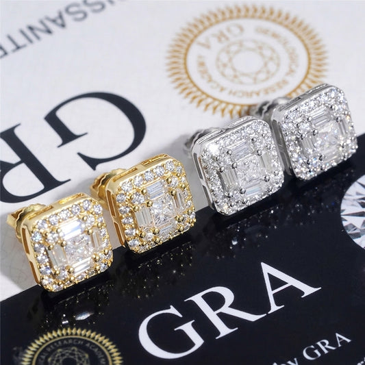Iced out invisible set square baguette moissanite stud earrings in gold and silver on GRA card