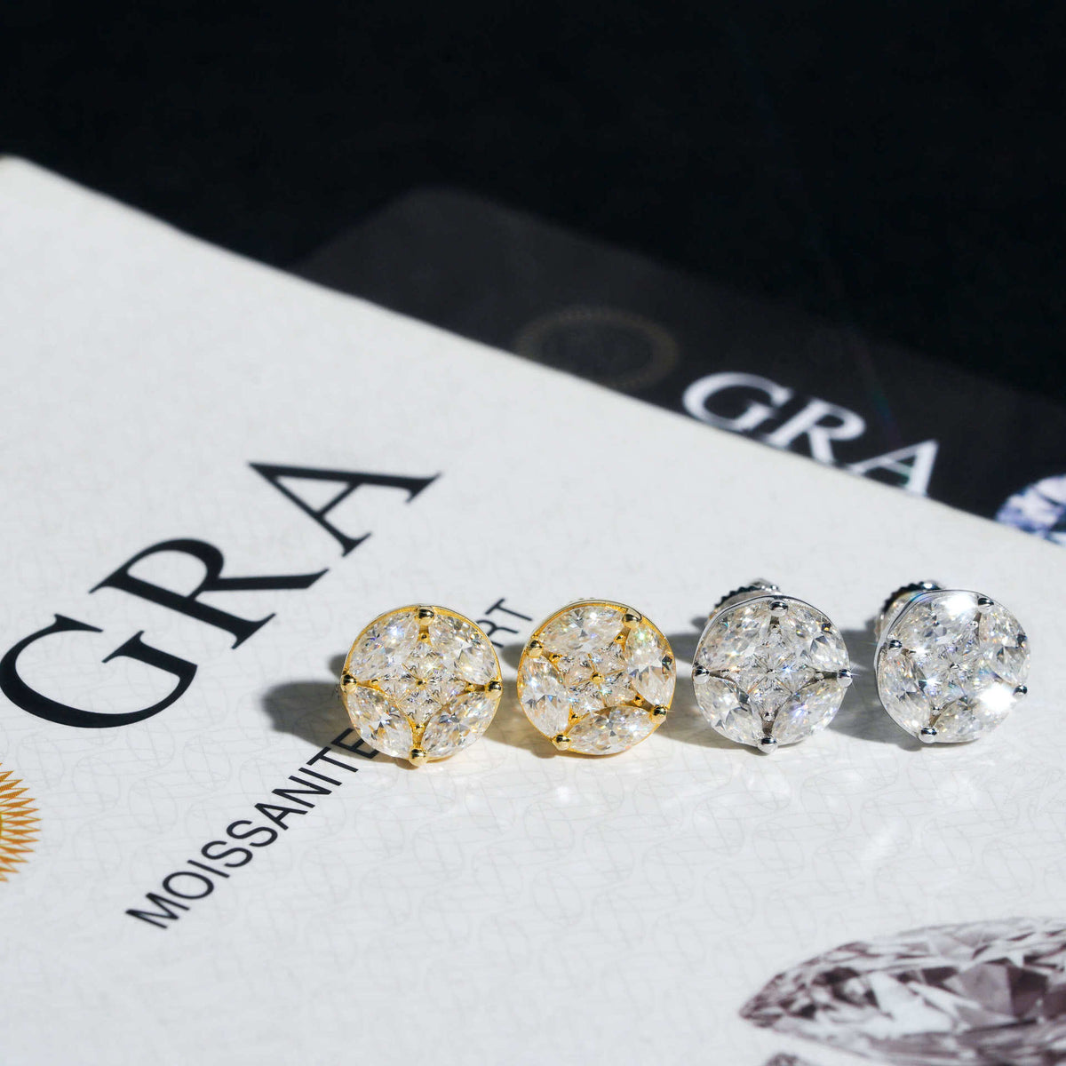 Silver iced out marquise cluster round moissanite stud earrings showing front pave setting and screw back post