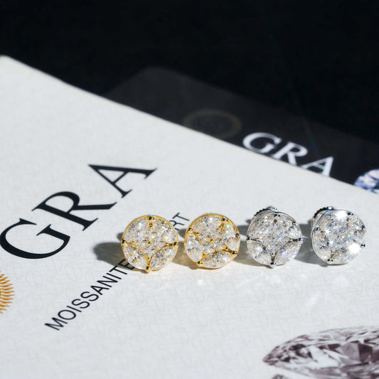 Silver iced out marquise cluster round moissanite stud earrings showing front pave setting and screw back post