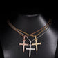 Three-color S925 silver iced out moissanite baguette cross pendant necklaces displayed on jewelry neck bust