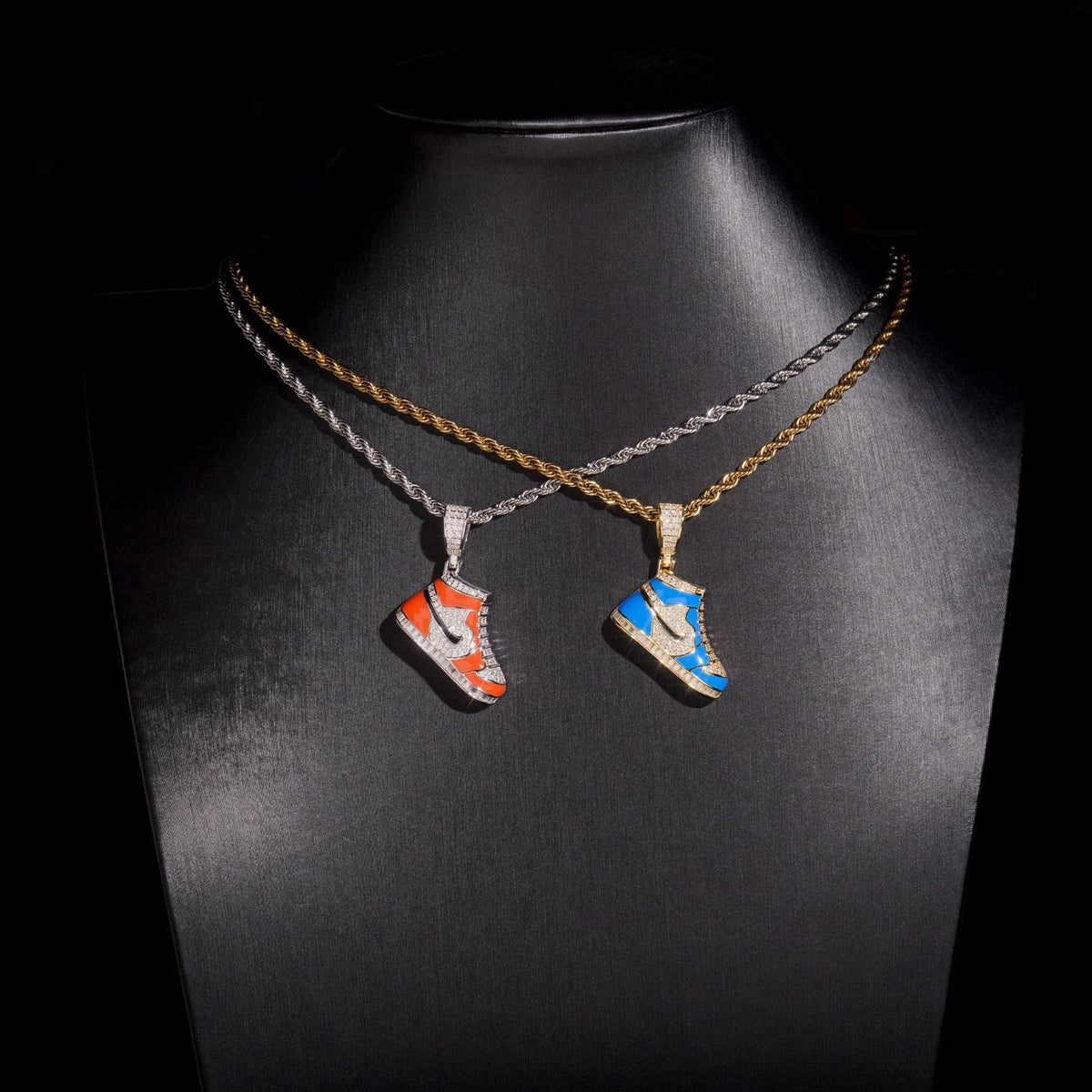 S925 silver iced out moissanite enamel sneaker pendant necklaces displayed on jewelry neck bust   