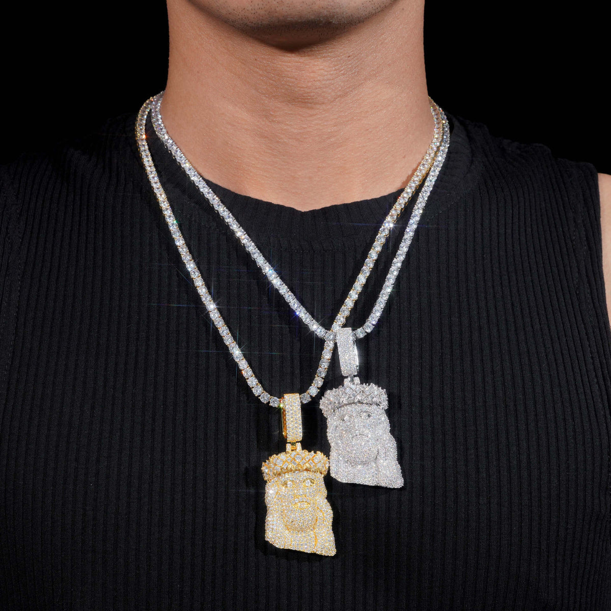 Model wearing 925 sterling silver iced out moissanite jesus piece pendant necklace layered with tennis chain