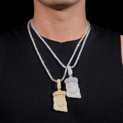 Model wearing 925 sterling silver iced out moissanite jesus piece pendant necklace layered with tennis chain