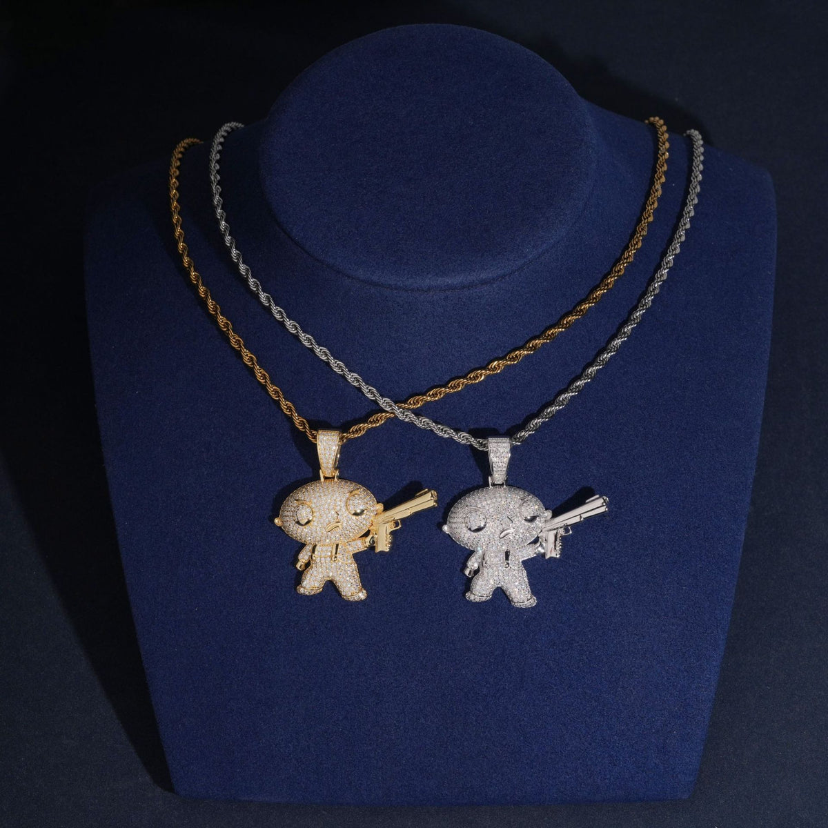 S925 silver iced out moissanite Stewie with gun pendant necklaces displayed on jewelry neck bust