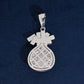 Back view showing lattice hollow pattern of iced out money bag dollar sign moissanite pendant