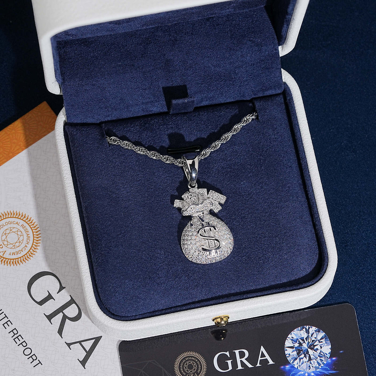 Iced out money bag dollar sign moissanite pendant in dark blue velvet jewelry box with GRA certificate