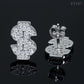 Silver iced out dollar sign moissanite stud earrings showing solid perforated back and screw back post mechanism
