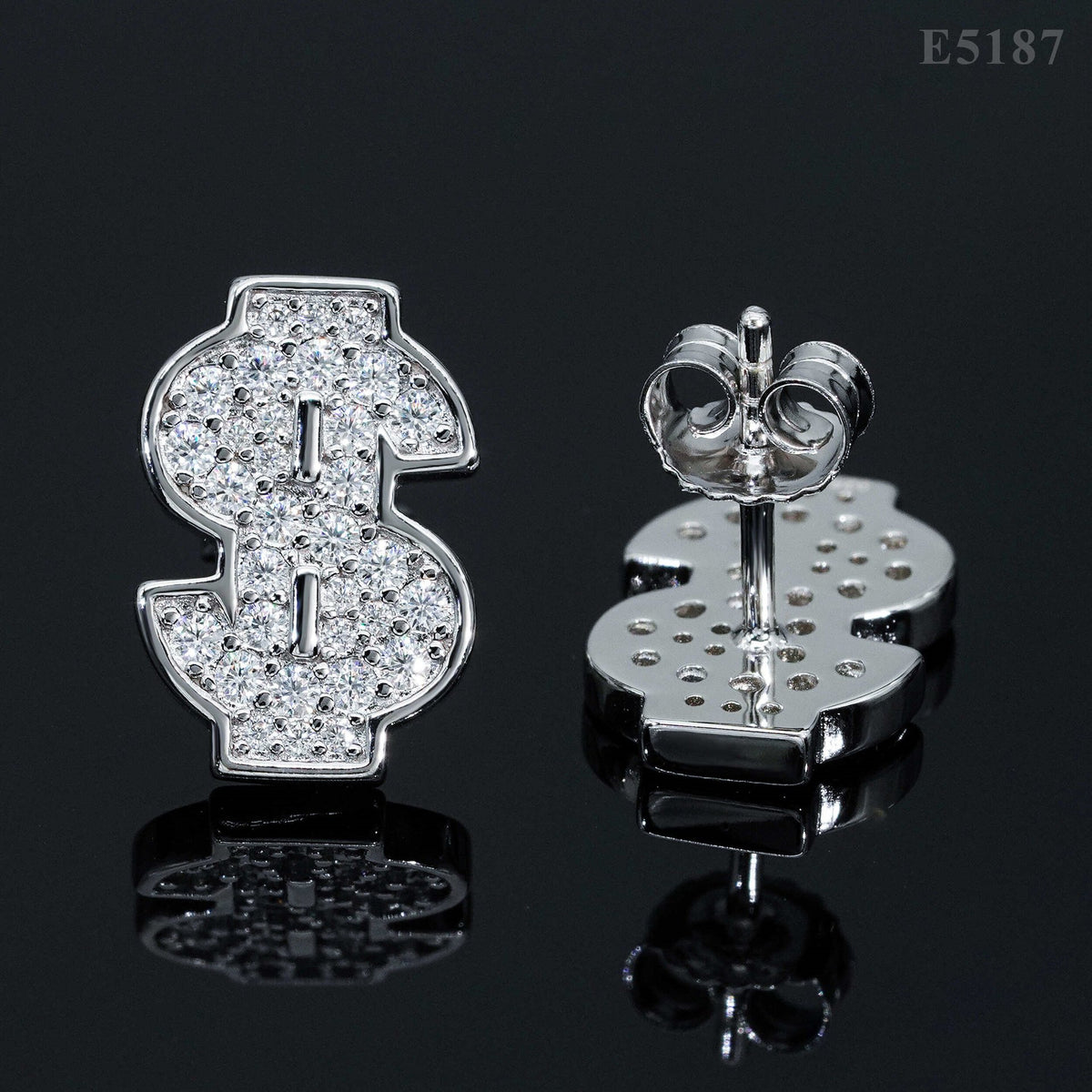 Silver iced out dollar sign moissanite stud earrings showing solid perforated back and screw back post mechanism